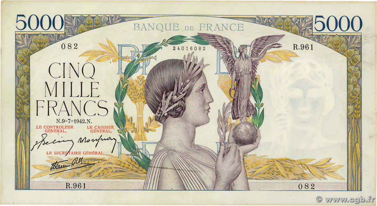 5000 Francs VICTOIRE Impression à plat FRANCIA  1942 F.46.38 EBC
