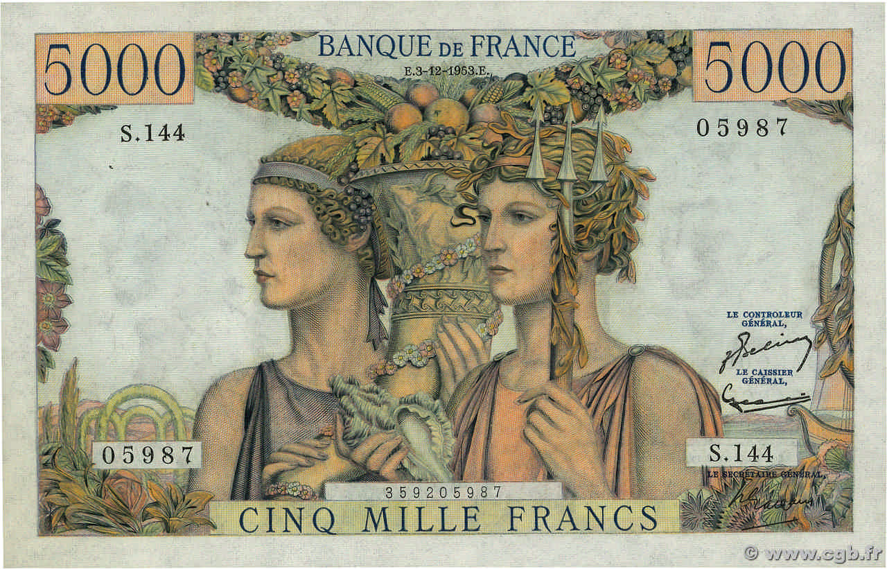 5000 Francs TERRE ET MER FRANCE  1953 F.48.10 AU