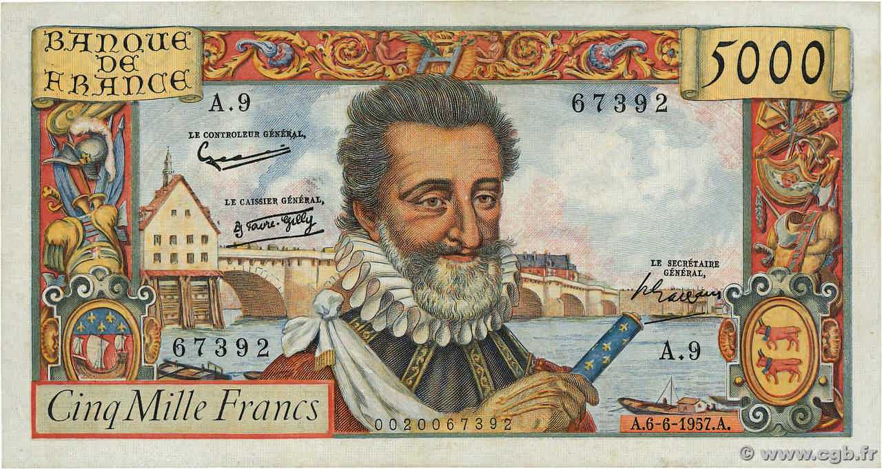 5000 Francs HENRI IV FRANCE  1957 F.49.02 VF