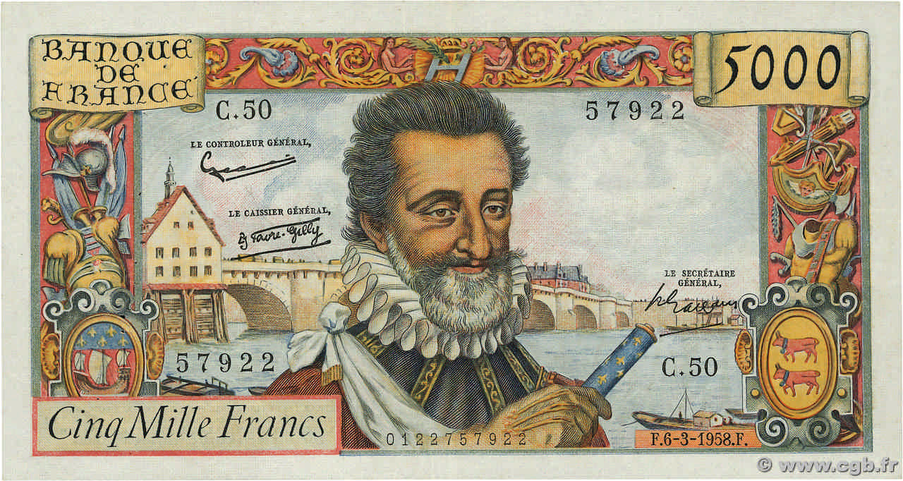 5000 Francs HENRI IV FRANCE  1958 F.49.06 pr.TTB