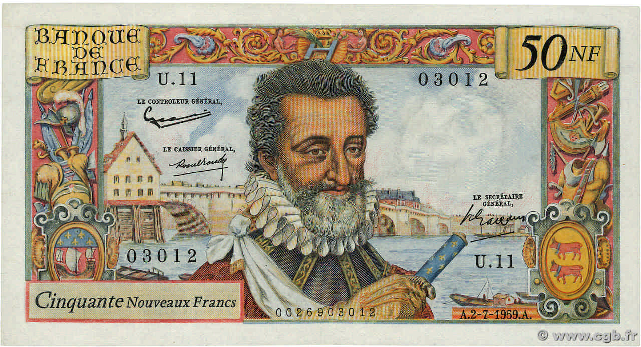 50 Nouveaux Francs HENRI IV FRANCIA  1959 F.58.02 q.SPL