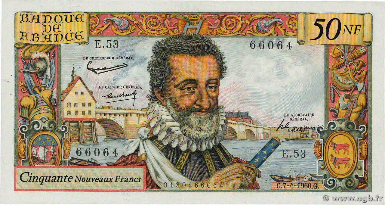 50 Nouveaux Francs HENRI IV FRANCE  1960 F.58.05 XF-