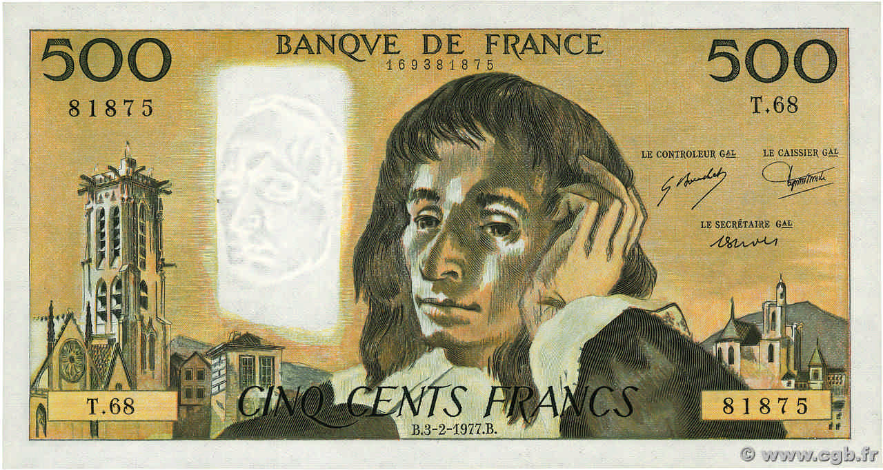 500 Francs PASCAL FRANCE  1977 F.71.16 pr.NEUF