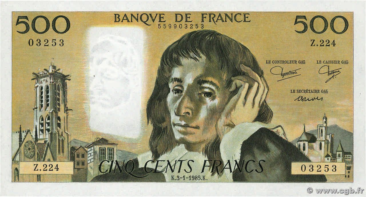 500 Francs PASCAL FRANCE  1985 F.71.32 UNC