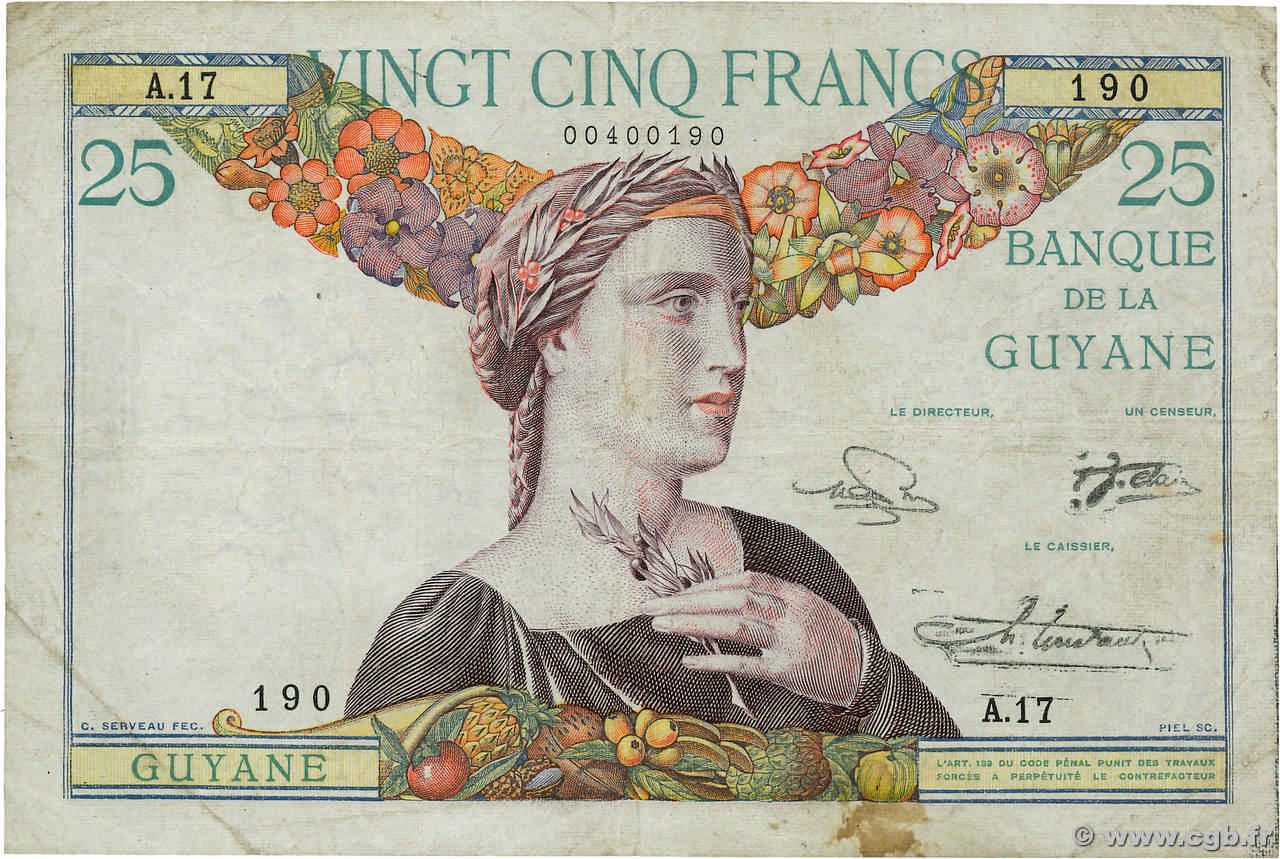 25 Francs FRENCH GUIANA  1945 P.07 S