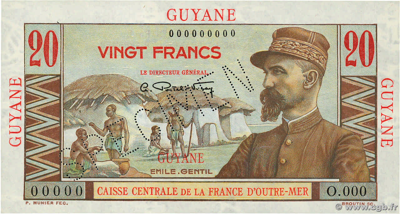 20 Francs Émile Gentil Spécimen FRENCH GUIANA  1946 P.21s SC