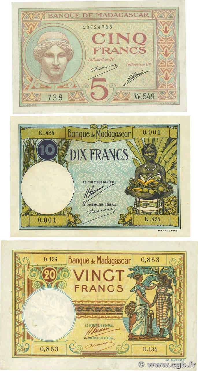 5, 10 et 20 Francs Lot MADAGASCAR  1926 P.035 au P.037 TTB