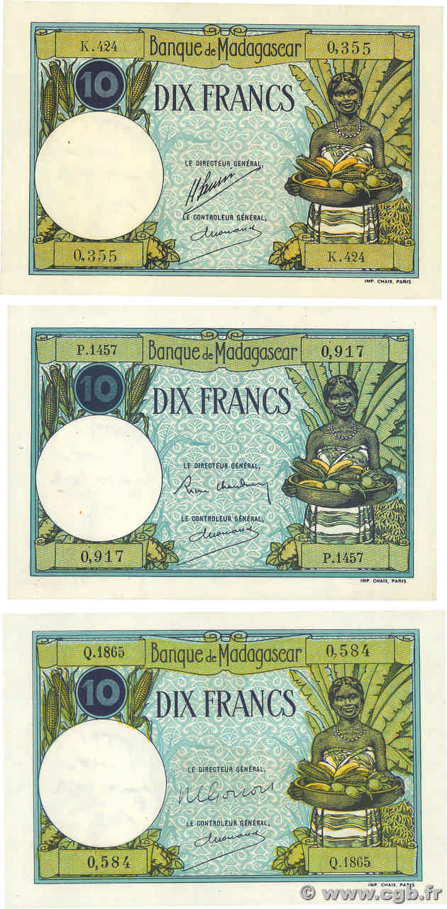 10 Francs Lot MADAGASCAR  1926 P.036 AU