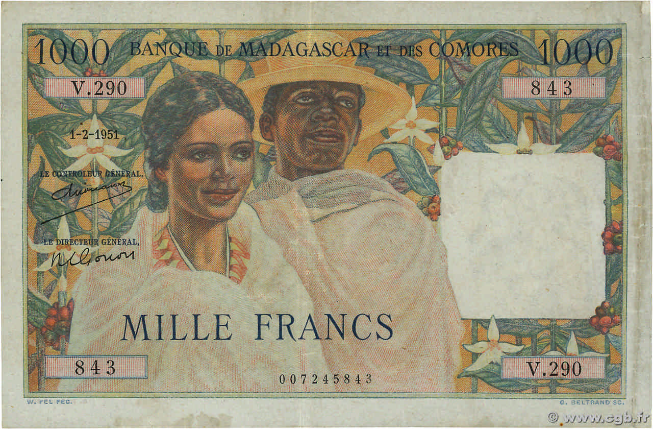1000 Francs MADAGASCAR  1951 P.048a q.BB