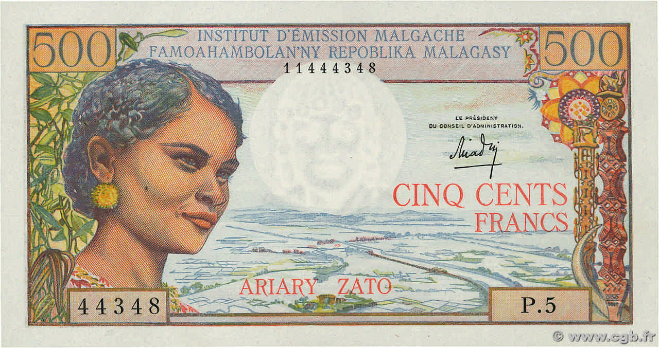 500 Francs - 100 Ariary MADAGASCAR  1964 P.058a EBC