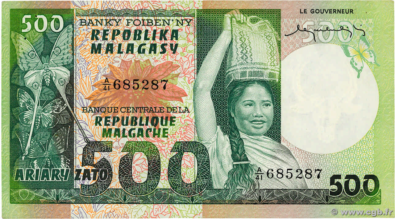 500 Francs - 100 Ariary MADAGASCAR  1974 P.064a XF-