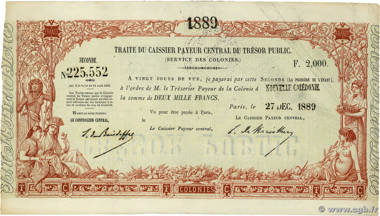 2000 Francs NEW CALEDONIA  1889 P.- VF+