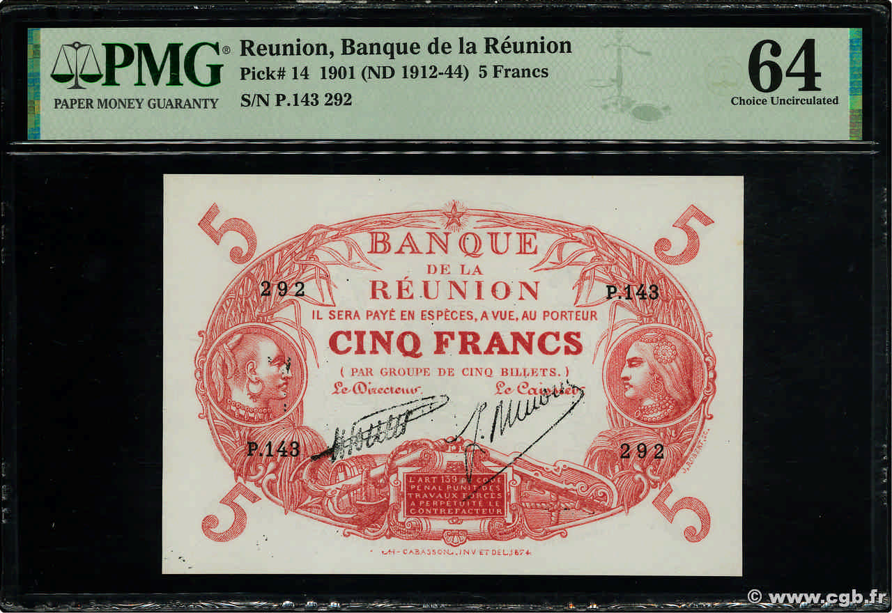 5 Francs Cabasson rouge ISLA DE LA REUNIóN  1938 P.14 SC+