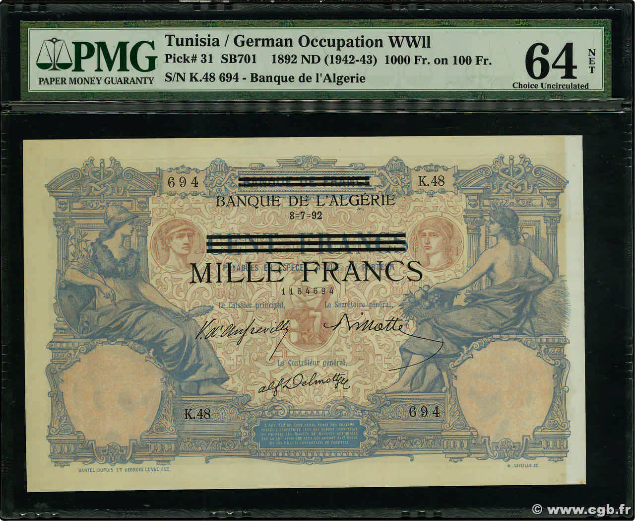1000 Francs sur 100 Francs TUNISIA  1942 P.31 UNC-
