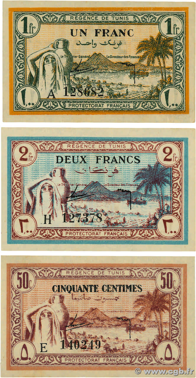 50 Centimes, 1 et 2 Francs Lot TúNEZ  1943 P.54 au P.56 SC+