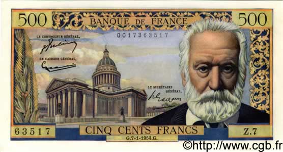 500 Francs VICTOR HUGO FRANCE  1954 F.35.01 NEUF