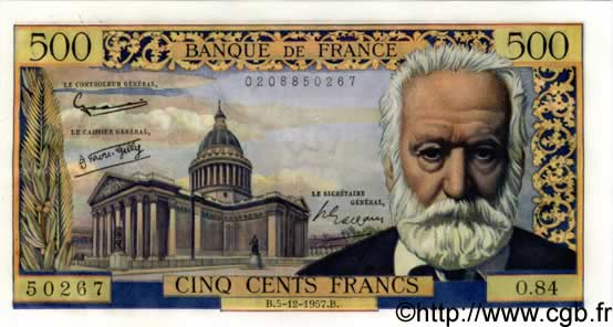 500 Francs VICTOR HUGO FRANCE  1957 F.35.07 NEUF