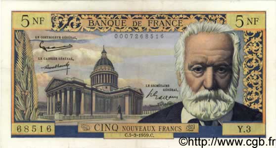 5 Nouveaux Francs VICTOR HUGO FRANCE  1959 F.56.01 SUP