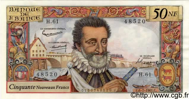 50 Nouveaux Francs HENRI IV FRANCE  1961 F.58.06 SPL