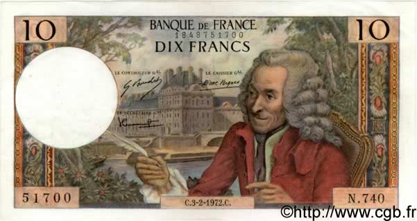10 Francs VOLTAIRE FRANCE  1972 F.62.54 SPL+