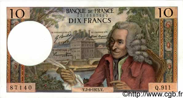 10 Francs VOLTAIRE FRANCE  1973 F.62.63 SUP+