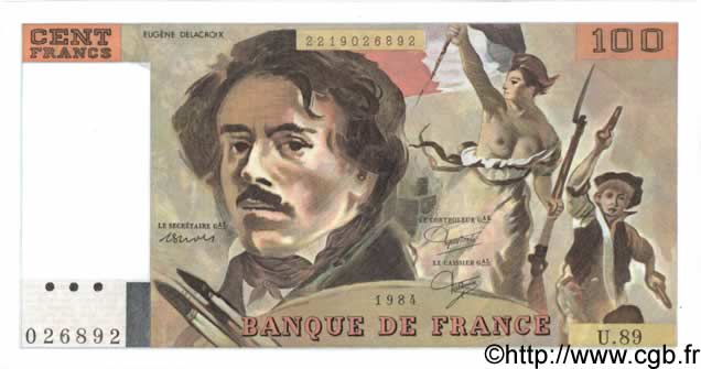 100 Francs DELACROIX modifié FRANCE  1984 F.69.08b NEUF
