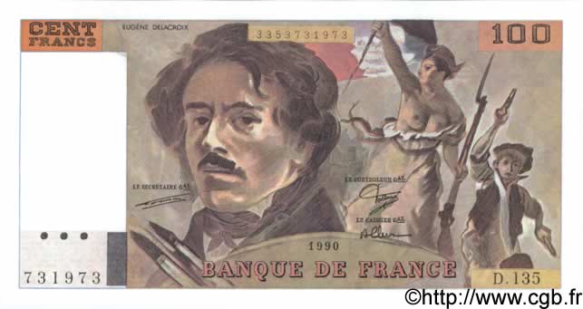 100 Francs DELACROIX Imprimé en continu FRANCE  1990 F.69bis.01a UNC