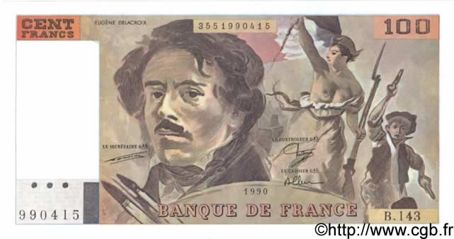 100 Francs DELACROIX Imprimé en continu FRANCE  1990 F.69bis.01bB NEUF