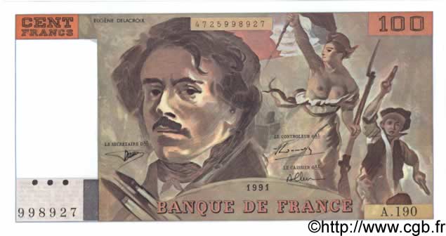 100 Francs DELACROIX imprimé en continu FRANCE  1991 F.69bis.04a NEUF
