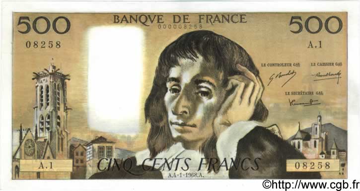 500 Francs PASCAL FRANCE  1968 F.71.01 SPL