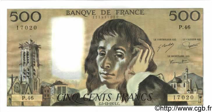 500 Francs PASCAL FRANCE  1974 F.71.12 pr.SPL