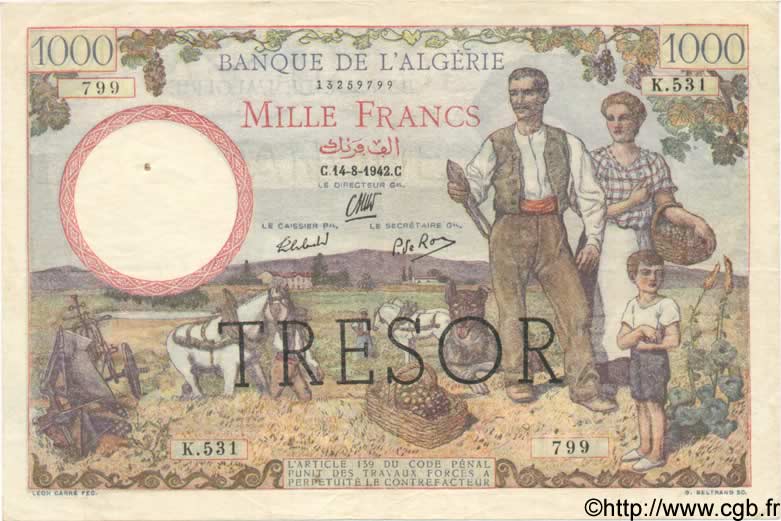 1000 Francs ALGÉRIE SURCHARGÉ FRANCE  1943 VF.10.02 TTB+ à SUP