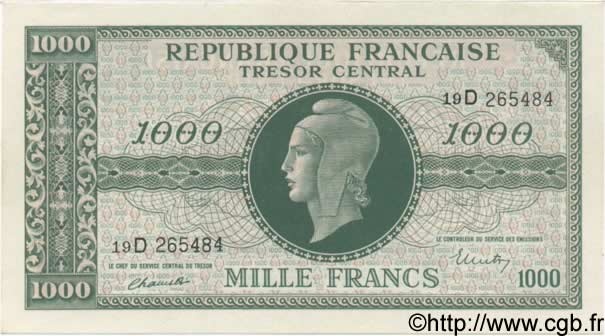 1000 Francs MARIANNE chiffres maigres FRANCE  1945 VF.13.01 SPL