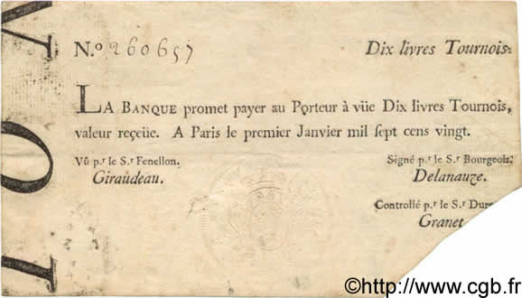 10 Livres Tournois typographié FRANCE  1720 Laf.087 TTB+