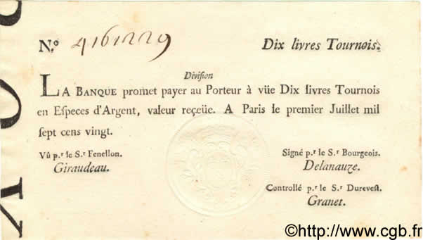 10 Livres Tournois typographié FRANCE  1720 Laf.093 pr.NEUF