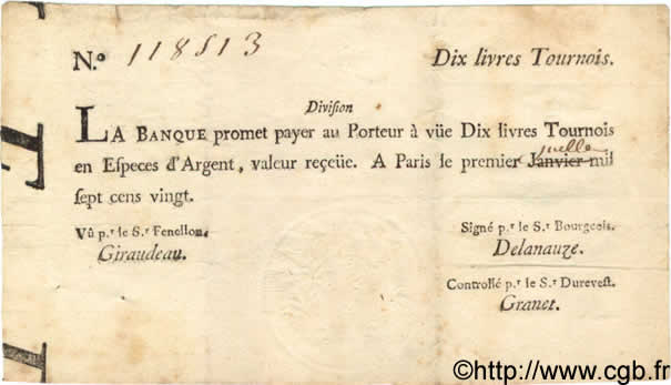 10 Livres Tournois typographié FRANCE  1720 Laf.093a TTB