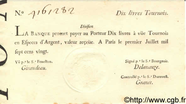 10 Livres Tournois typographié FRANCE  1720 Laf.093b SPL