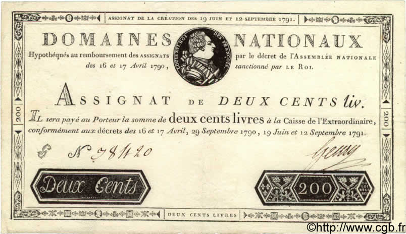 200 Livres FRANCE  1791 Laf.142 TTB