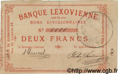 2 Francs FRANCE regionalism and miscellaneous Lisieux 1870 BPM.028.4 VF