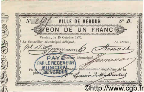 1 Franc FRANCE régionalisme et divers Verdun 1870 BPM.056.11b SPL