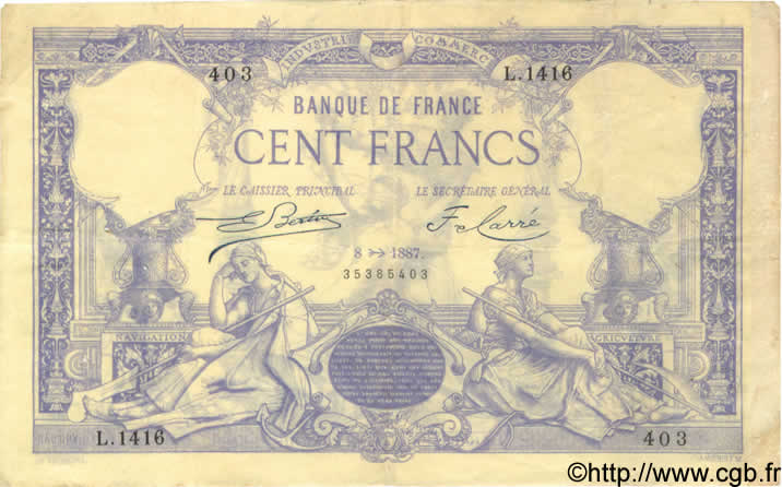 100 Francs 1882 FRANCE  1887 F.A48.07 TTB