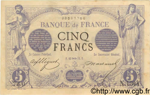 5 Francs NOIR FRANCE  1872 F.01.12 TTB+
