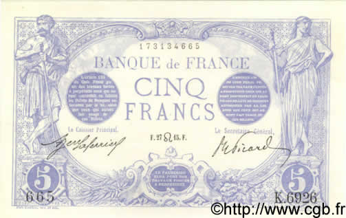 5 Francs BLEU FRANKREICH 1915 F.02.29 fST+