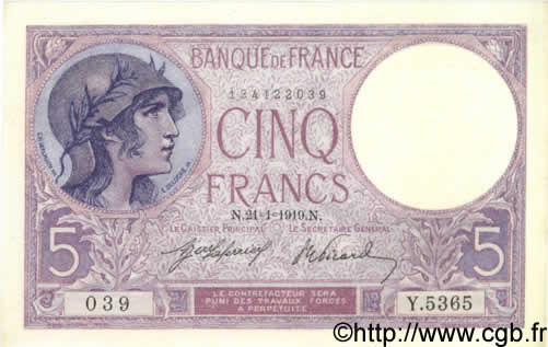 5 Francs FEMME CASQUÉE FRANCE  1919 F.03.03 NEUF