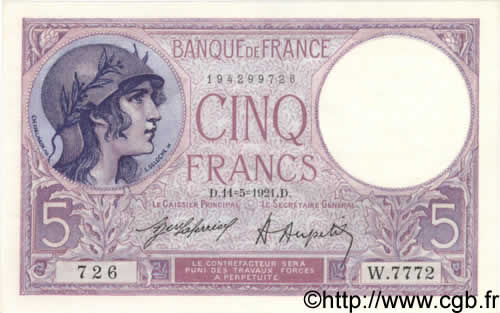 5 Francs FEMME CASQUÉE FRANCE  1921 F.03.05 SPL+