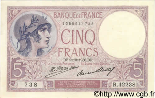 5 Francs FEMME CASQUÉE FRANCE  1930 F.03.14 pr.SPL