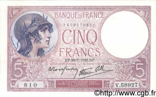 5 Francs FEMME CASQUÉE modifié FRANCE  1939 F.04.02 pr.NEUF
