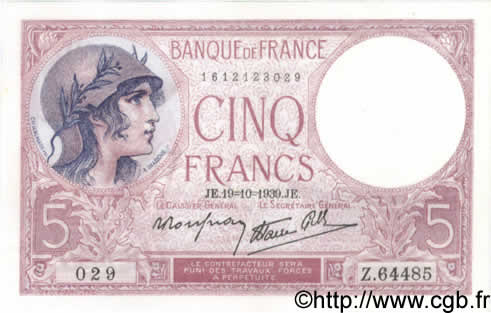 5 Francs FEMME CASQUÉE modifié FRANCE  1939 F.04.12 SPL+