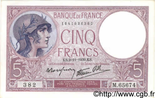 5 Francs FEMME CASQUÉE modifié FRANCE  1939 F.04.14 SPL+