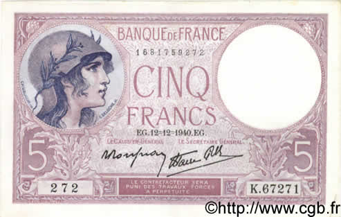 5 Francs FEMME CASQUÉE modifié FRANCE  1940 F.04.17 SUP à SPL